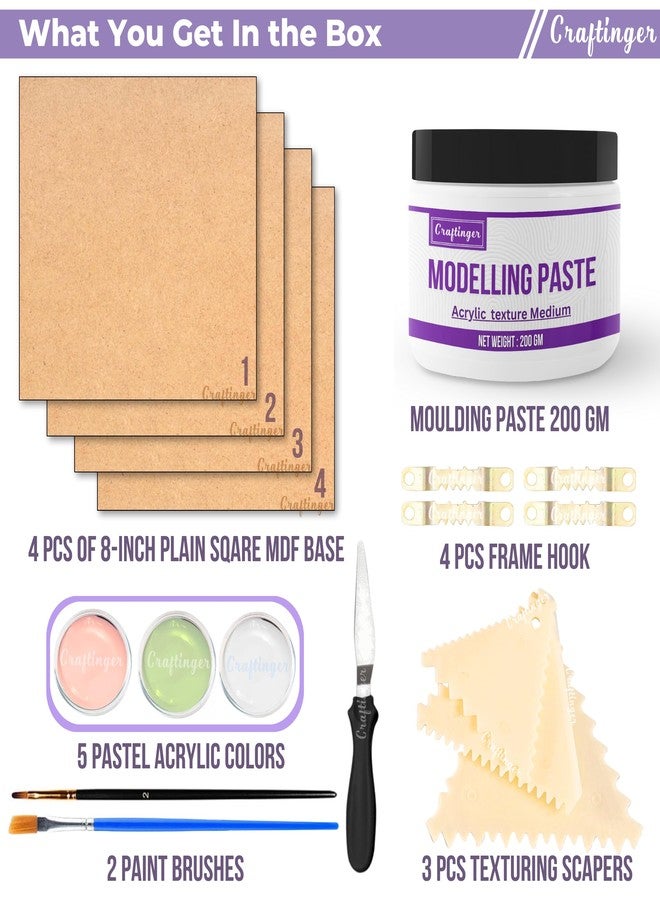 Craftinger مجموعة كرافتينجر لفن التشكيل - قواعد مربعة من خشب MDF مقاس 8 بوصات (مجموعة من 4 قطع)، مكاشط تشكيل، معجون تشكيل 200 غرام، 3 ألوان أكريليك، فرشتا طلاء - فن تشكيلي يمكنك صنعه بنفسك لتزيين المنزل والمشاريع الحرفية - Image 2